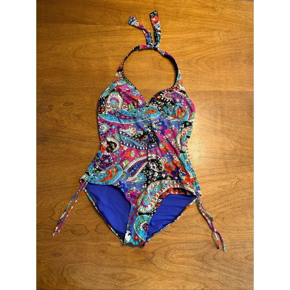 Kenneth Cole Reaction Womens Paisley Halter One Piece Swimsuit Multicolor Medium